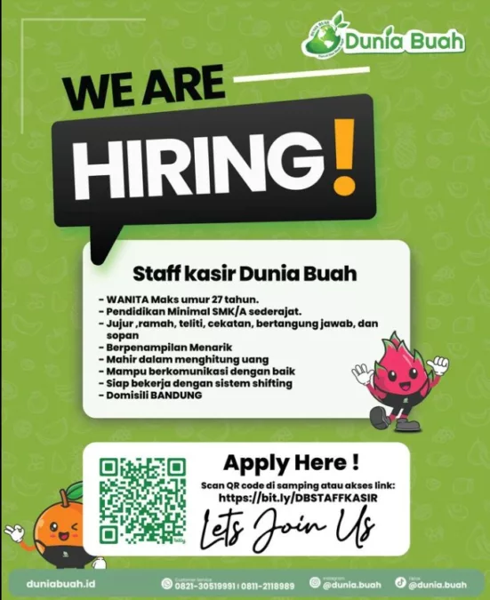 Gas Daftar! Dunia Buah Bandung Buka Loker untuk Tamatan SMA dan SMK Posisi Staff Kasir