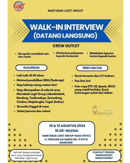 Walk In Interview! Martabak Legit Group Bandung Buka Loker Terbaru untuk Tamatan SMA dan SMK