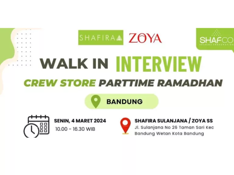 Yuk Datang! Sharifa Bandung Buka Loker Part Time di Bulan Ramadhan, Ini Jadwal Walk In Interviewnya