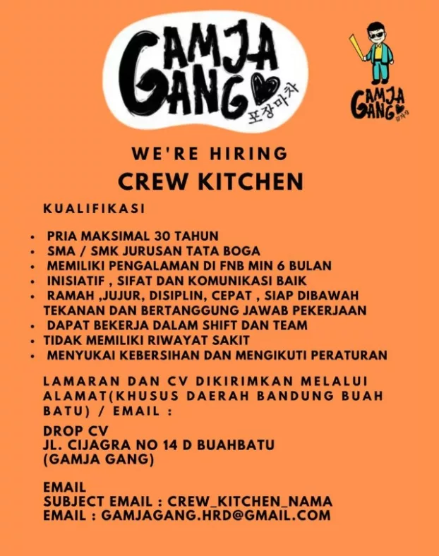 Buat Tamatan SMA dan SMK! Gamja Gang Bandung Gelar Loker Terbaru, Ini Syaratnya