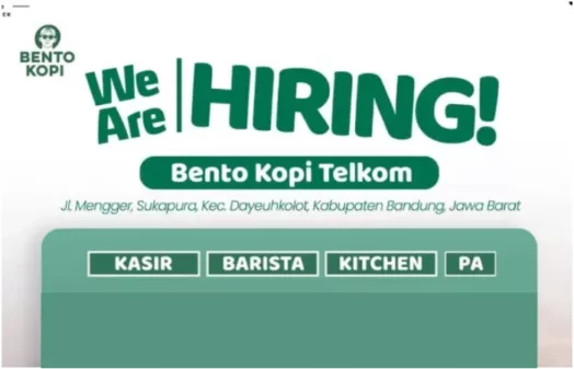 4 Posisi Sekaligus! Bento Kopi Telkom Bandung Buka Loker Buat Tamatan SMA dan SMK